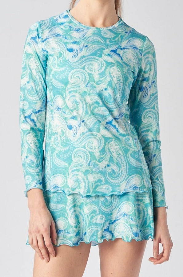 Long Sleeve Top with Pearl Edge in Paisely Turq